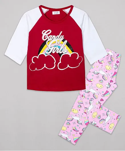 Sheer Love Candy Girls Printed Full Sleeves Night Suit - Red & Pink