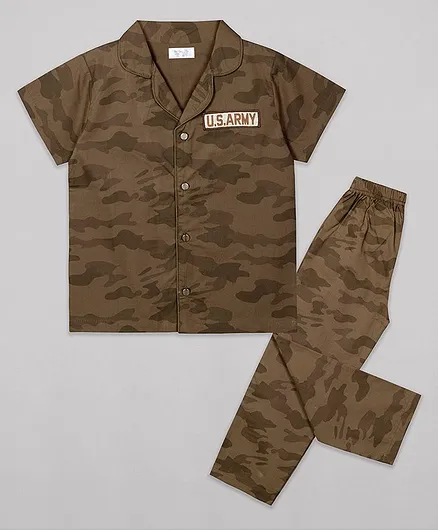 Sheer Love Military Printed Half Sleeves Night Suit - Brown