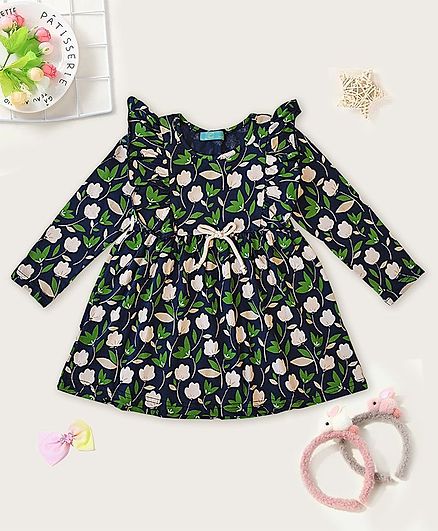 Tiara Full Sleeve Ruffle Trim Flower Print Dress - Blue