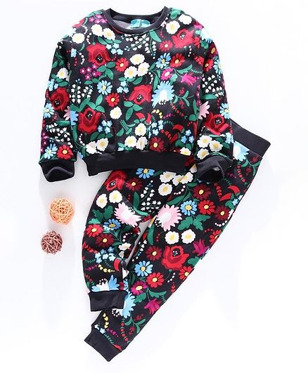 Tiara Full Sleeves Flower Print Sweatshirt With Track Pants - Black