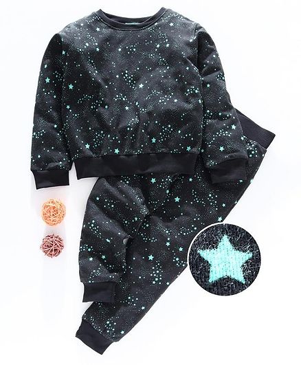 Tiara Full Sleeves Stars Print Sweatshirt With Track Pants - Black