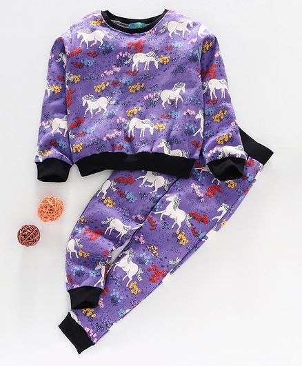 Tiara Full Sleeves Horses & Flowers Print Sweatshirt With Track Pants - Purple