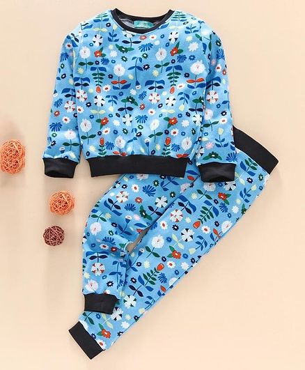 Tiara Full Sleeves Flower Print Sweatshirt With Track Pants - Blue