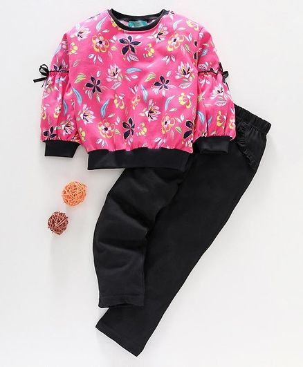 Tiara Full Sleeves Flower Print Sweatshirt With Pajama - Pink