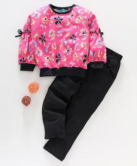 Tiara Full Sleeves Flower Print Sweatshirt With Pajama - Pink