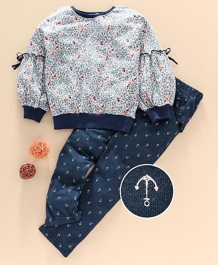 Tiara Full Sleeves Flowers Print Sweatshirt With Pajama - Grey Blue