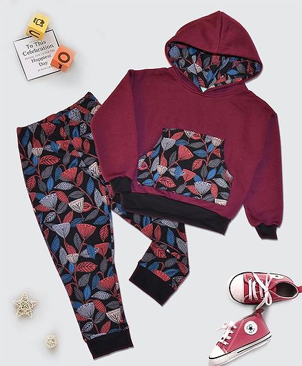 Tiara Full Sleeves Autumn Theme Print Hoodie With Pajama - Purple