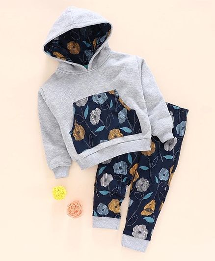 Tiara Full Sleeves Flower Print Hoodie With Pajama - Grey