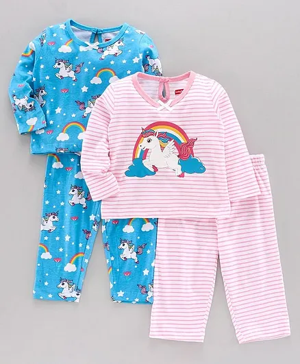 Babyhug Full Sleeves Night Suits Unicorn Print Pack of 2 - Pink Blue