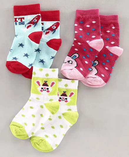 Red Rose Ankle Length Socks Pack of 3 - Pink Green Blue