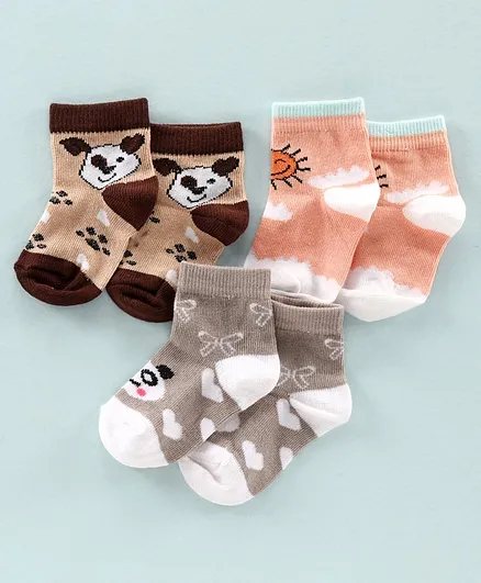 Red Rose Ankle Length Socks Pack of 3 - Brown Coral Grey
