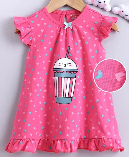 Babyhug Cap Sleeves Nighty Heart & Milkshake Print - Pink