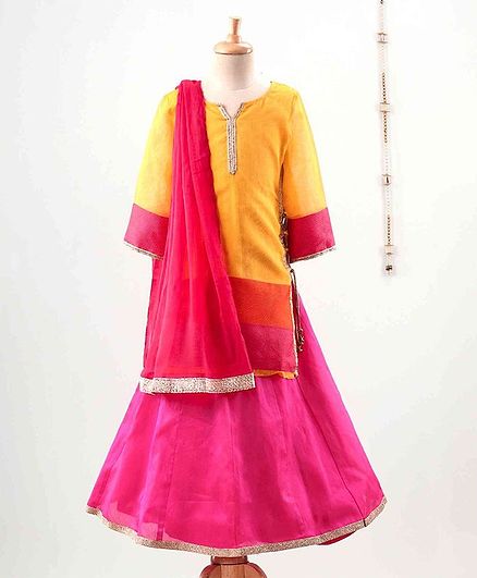 The Little Fashionistas Full Sleeves Long Contrast Hem Kurti With Flared Ghagra & Dupatta - Yellow Pink