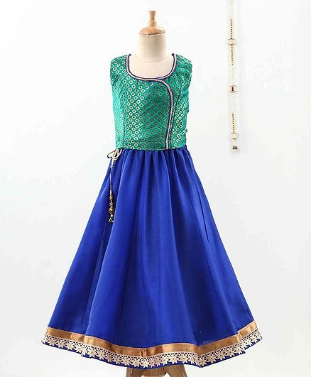 The Little Fashionistas Sleeveless Brocade Choli With Lehenga & Dupatta - Green Blue