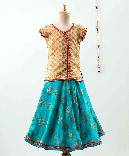 The Little Fashionistas Short Sleeves Motif Print Top With Lehenga & Dupatta - Brown Green