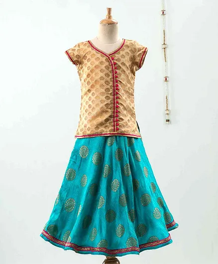The Little Fashionistas Short Sleeves Motif Print Top With Lehenga & Dupatta - Brown Green