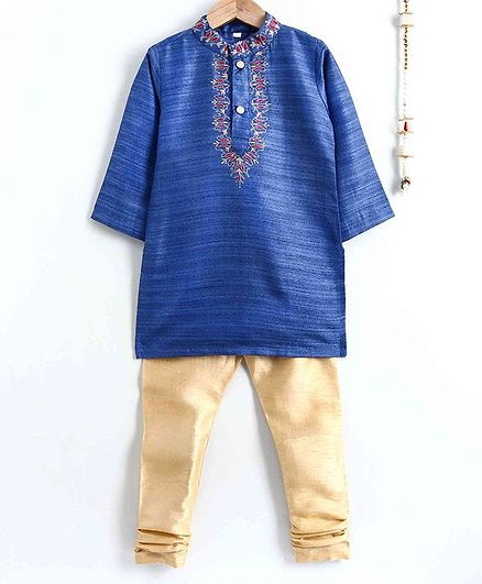 The Little Fashionistas Embroidered Full Sleeves Kurta With Pajama - Blue