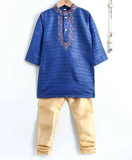 The Little Fashionistas Embroidered Full Sleeves Kurta With Pajama - Blue