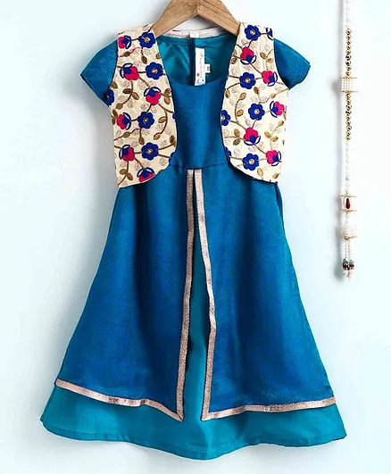 The Little Fashionistas Ankle Length Double Layered Flared Short Sleeves Dress With Embroidered Jacket - Blue