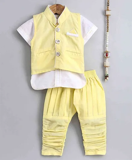 The Little Fashionistas Short Sleeves Kurta With Contrast Jacket & Pajama - Yellow