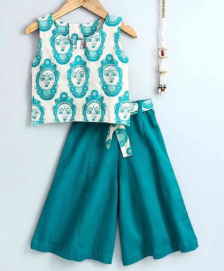 The Little Fashionistas Sleeveless Buddha Print Top With Flared Palazzo Pants - Green
