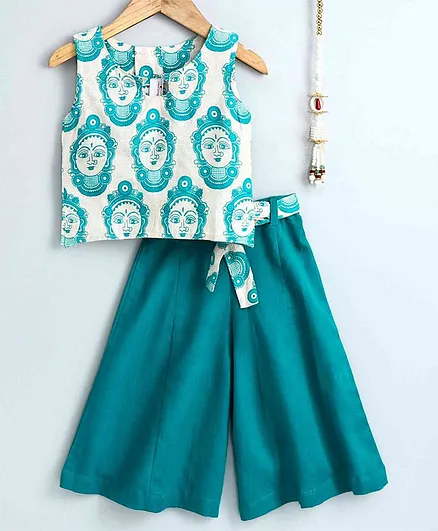 The Little Fashionistas Sleeveless Buddha Print Top With Flared Palazzo Pants - Green
