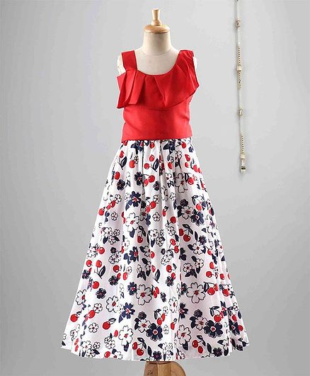 The Little Fashionistas Sleeveless Tank Top With Flower Print Skirt - Red