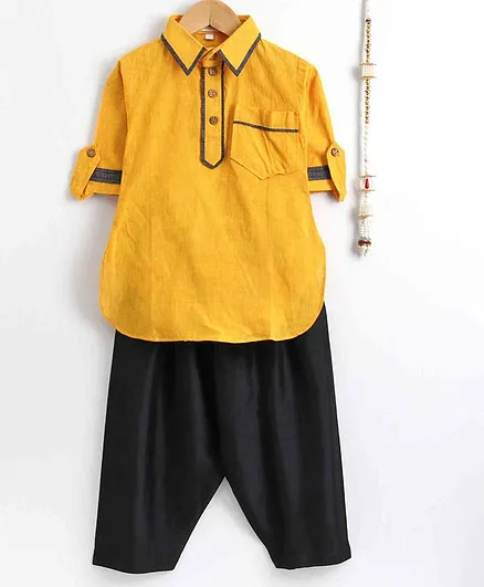 The Little Fashionistas Full Sleeves Pathani Style Self Stripped Kurta & Salwar - Yellow & Black