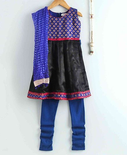The Little Fashionistas Sleeveless Brocade Anarkali With Churidaar & Dupatta - Black
