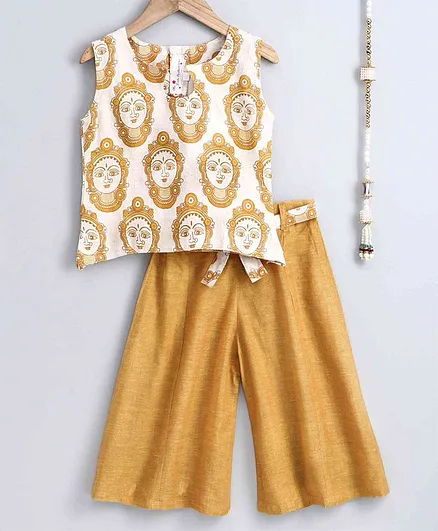 The Little Fashionistas Sleeveless Buddha Print Top With Flared Pants - Yellow