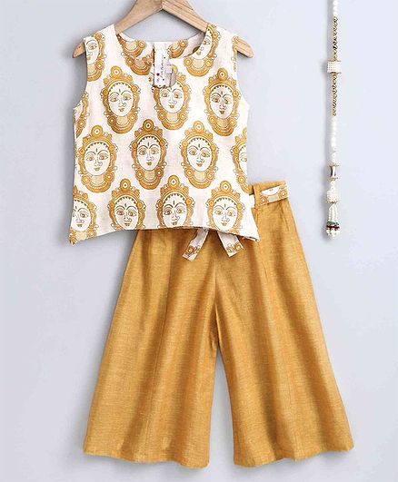 The Little Fashionistas Sleeveless Buddha Print Top With Flared Pants - Yellow