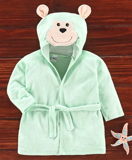 Ben Benny Full Sleeves 3D Hood Bath Robe Monkey Design - Green