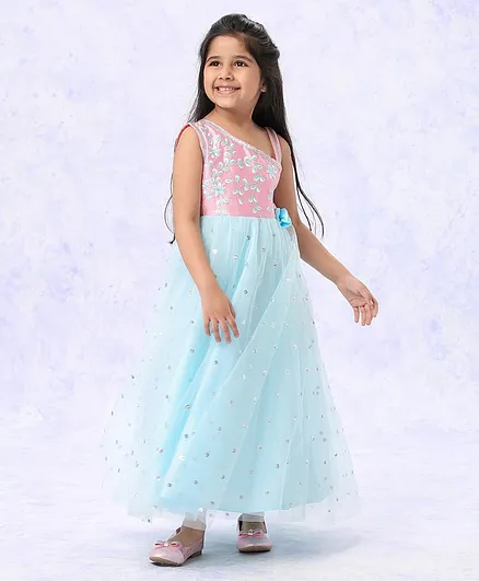 Babyhug Sleeveless Ethnic Dress Floral Embroidery - Pink Blue