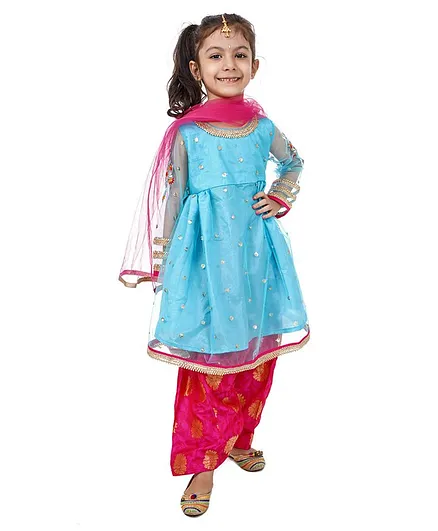 Babyhug Full Sleeves Top and Dhoti Set with Net Dupatta Glitter Print - Blue