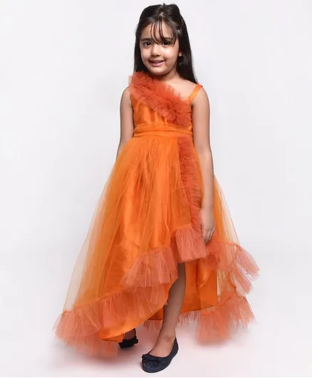Jelly Jones Sleeveless Fur Detailing Asymmetric Gown - Orange