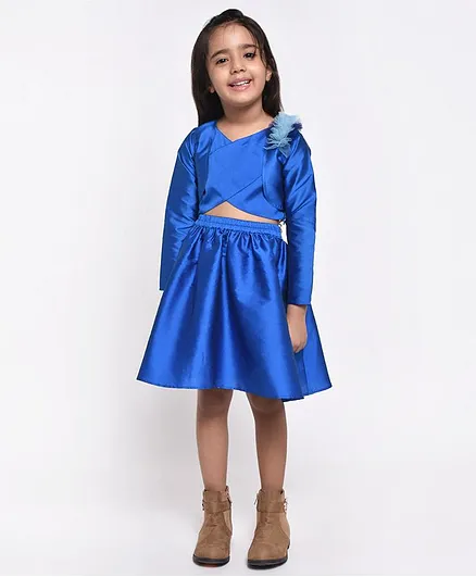 Jelly Jones Solid Colour Crop Top With Full Sleeves Shrug & Skirt - Blue