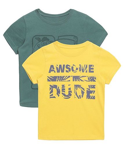 Plum Tree Half Sleeve Awesome Dude Print Pack Of 2 Tee - Green & Yellow