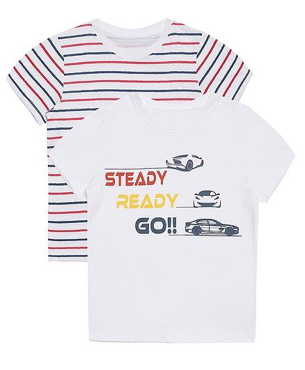 Plum Tree Half Sleeves Steady Ready Go Print Pack Of 2 Tee - White