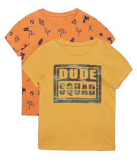 Plum Tree Half Sleeves Dude Squad Print Pack Of 2 Tee - Yellow & Orange