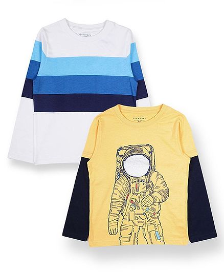 Plum Tree Full Sleeves Astronaut Print & Striped Pack Of Two Tee - Blue Yellow