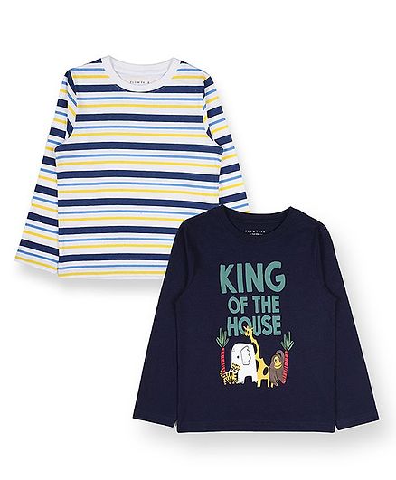 Plum Tree Full Sleeve King Of The House Print T-Shirt With Pack Of 2 - Navy & Off White