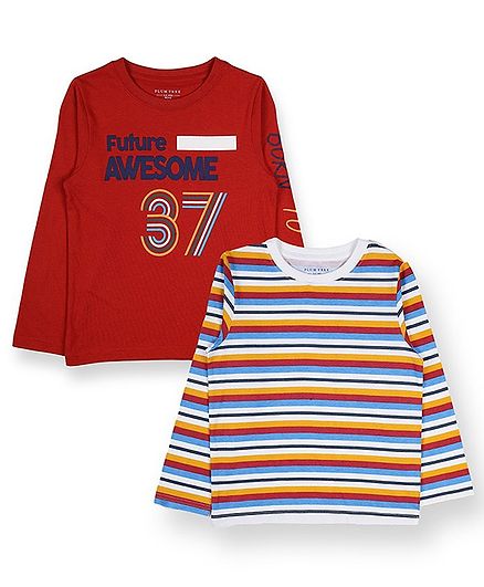 Plum Tree Full Sleeves Striped & Number Print Pack Of Two Tee - Red