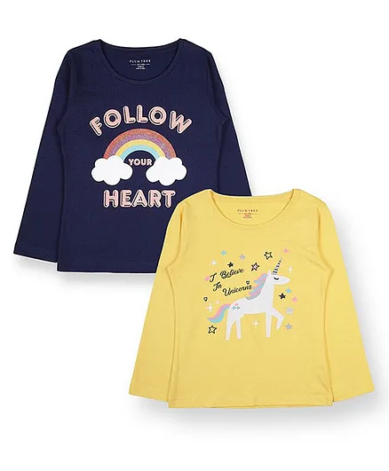 Plum Tree Full Sleeves Pack Of Two Follow Heart & Unicorn Print Tee - Yellow Blue