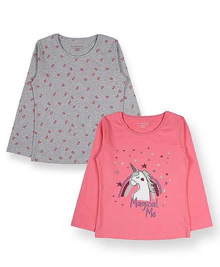 Plum Tree Full Sleeves Unicorn Print Pack Of Two Tee - Pink Grey