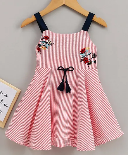 Babyoye Sleeveless Stripe Frock Floral Embroidery - Pink