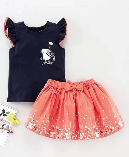 Babyoye Short Sleeves Top with Skirt Bunny Print - Navy Peach