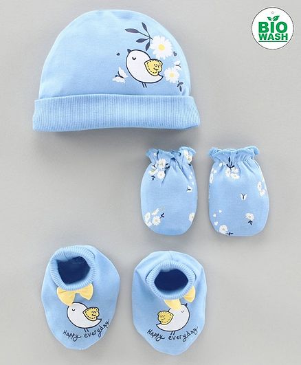 Babyoye Cap Mittens & Booties Bird Print Blue - Diameter 10 cm