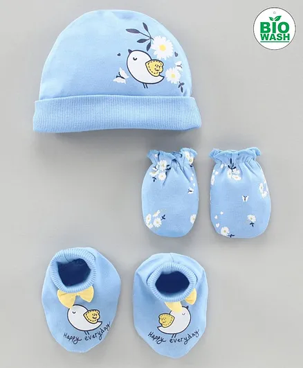 Babyoye Cap Mittens & Booties Bird Print Blue - Diameter 10 cm