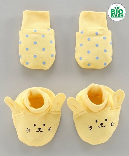 Babyoye Cotton Mittens & Booties Kitty Print - Yellow