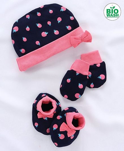 Babyoye Cap Mittens & Booties Strawberry Print Pink - Diameter 12 cm